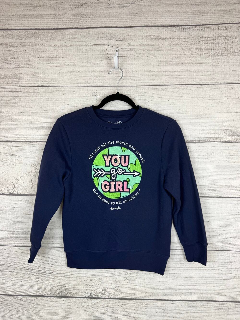 Blessed Girl Girl's Navy "You Go Girl" Sparkle Graphic Sweatshirt Size Medium